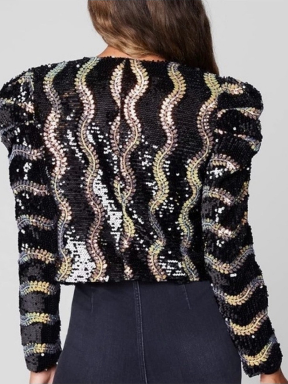 Blank NYC Black Sequin Wave puff sleeve blazer with Iridescent Accents